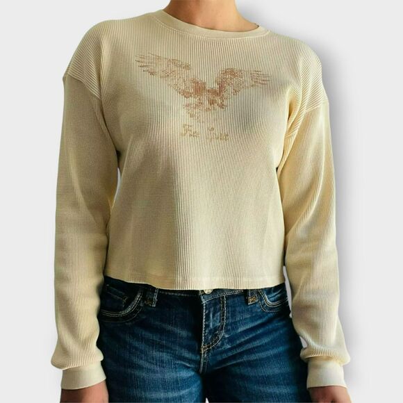 Forever 21 Ribbed Free Spirit Graphic Top Waffle Knit Taupe Faded Retro Size L - Picture 1 of 8